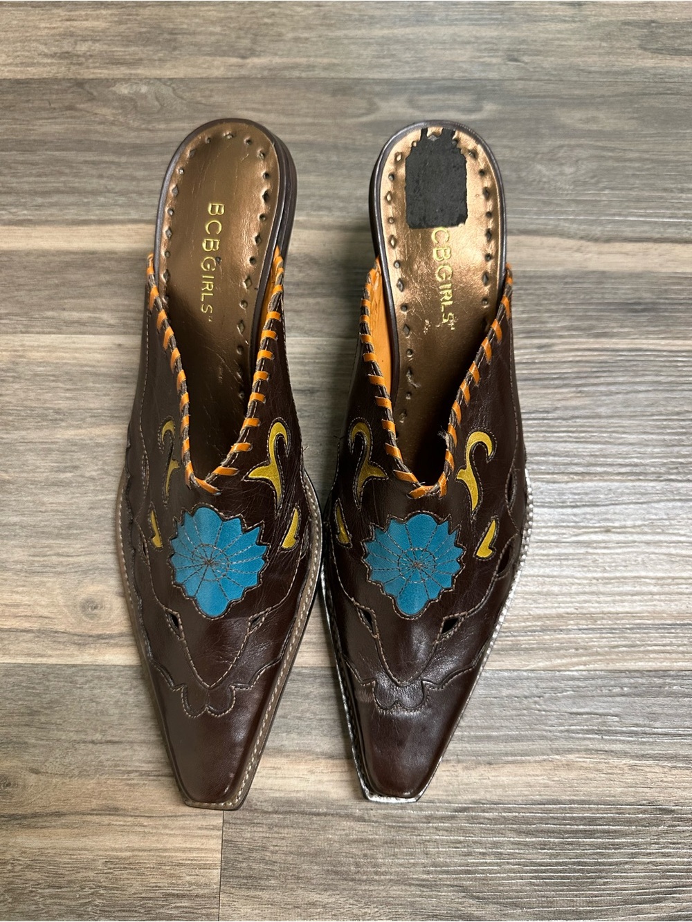BCBGirls Western Style Turquoise Colored Floral Mules